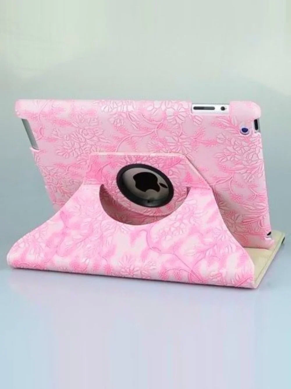 360 DEGREES ROTATING STAND (PINK) STYLISH EMBOSSED FLOWERS CASE FOR IPAD 2